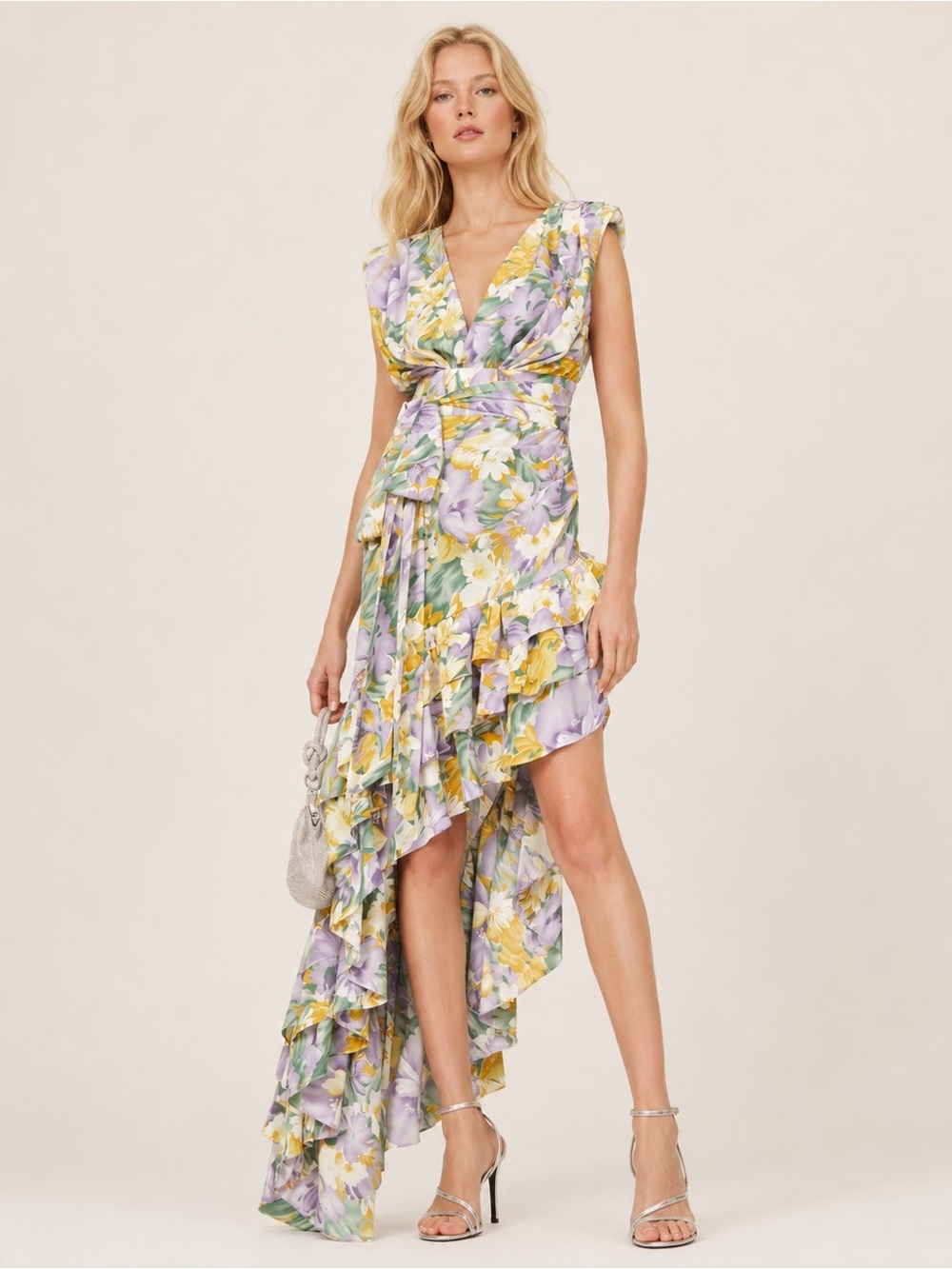 Bronx and Banco lavender floral tropics asymmetrical high low dress size small
